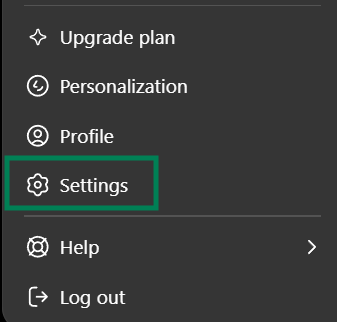 Меню ChatGPT с выделенным пунктом Settings