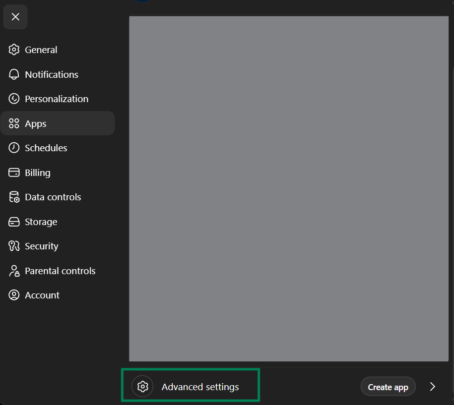 Раздел Apps в настройках ChatGPT с кнопкой Advanced settings