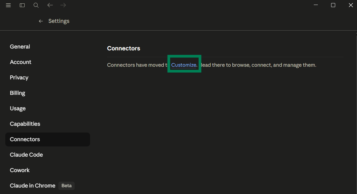 Раздел Connectors с ссылкой Customize