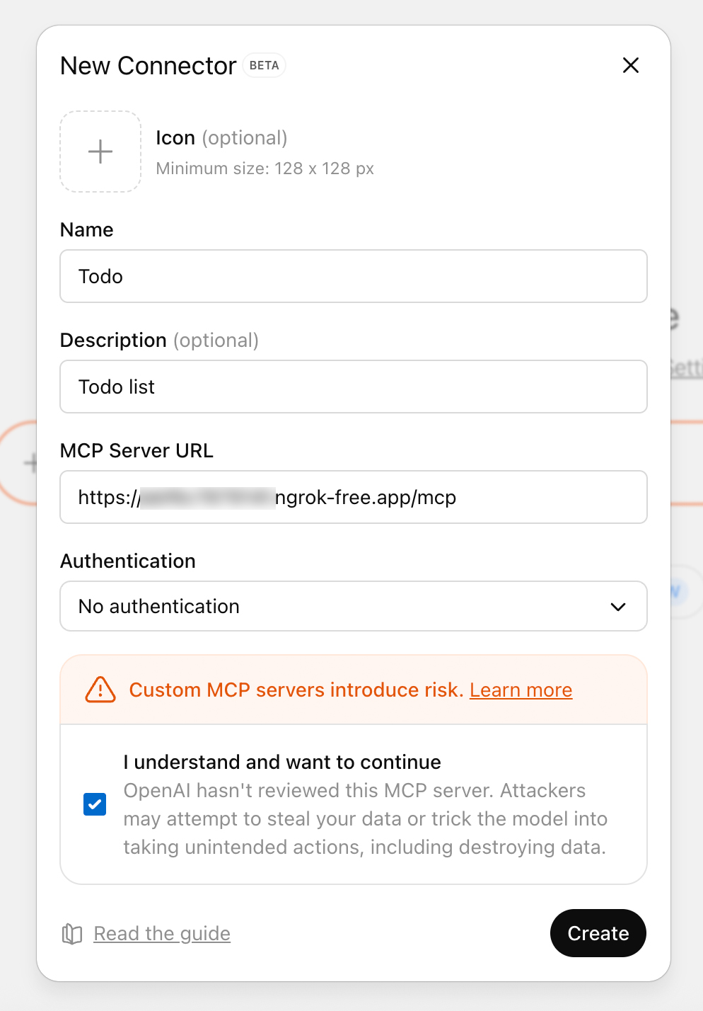 Окно «Новый коннектор» в ChatGPT: поля «Название», «URL MCP-сервера» и выбор типа аутентификации